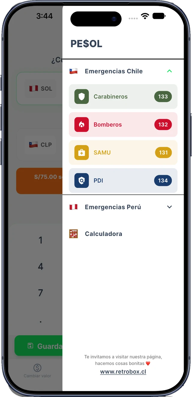 Menú de emergencias de PE$OL con los números de Chile